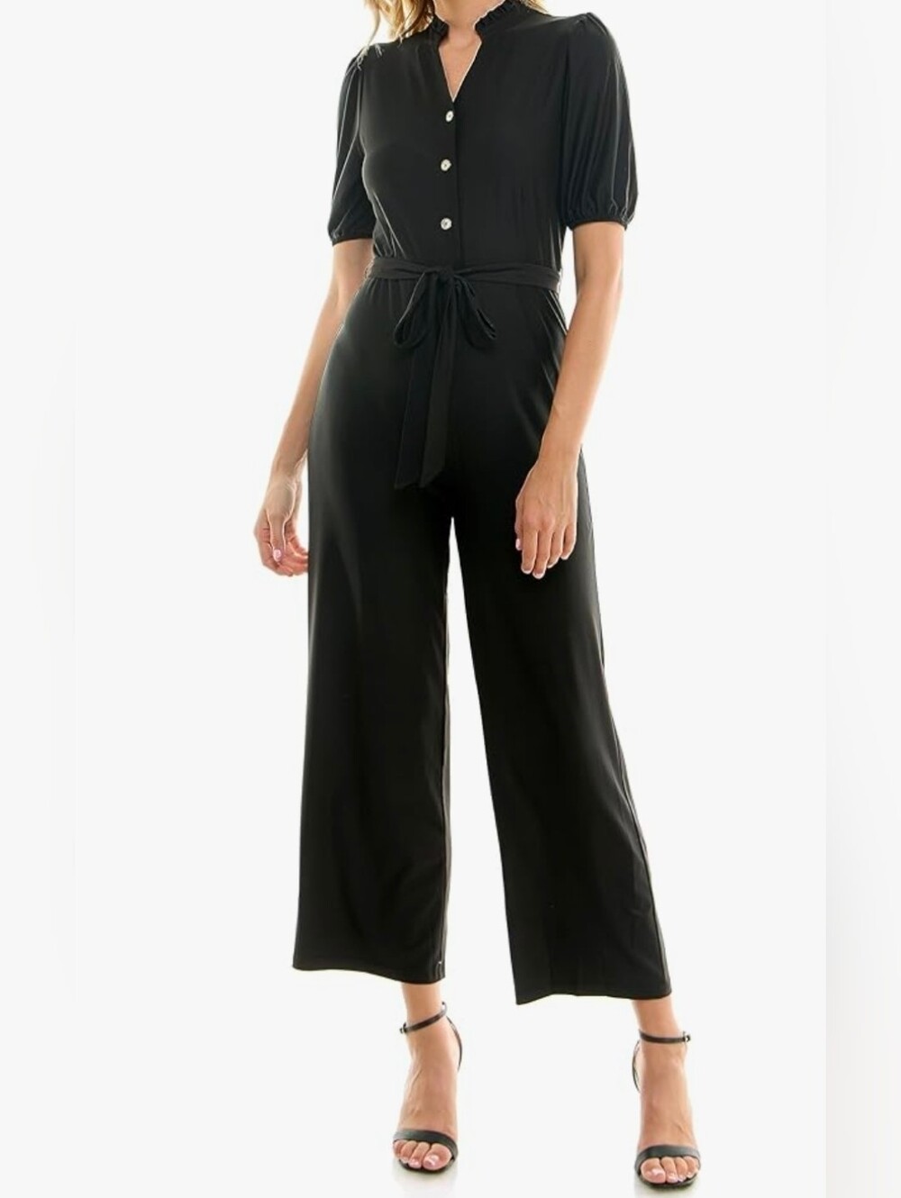 Black Short-Sleeve Button-Front Wide-Leg Jumpsuit with Tie Waist